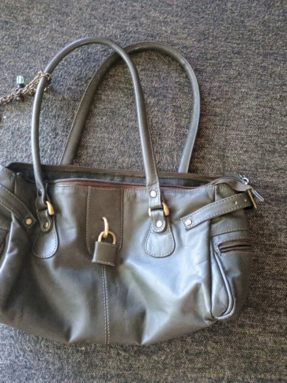 Catwalk Olive Drab Leather Shoulder Tote with Gold Accents